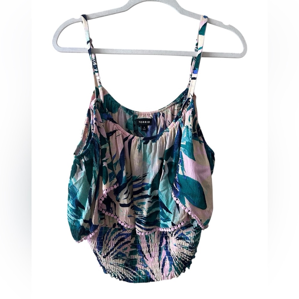 Torrid Blue and Black Ruffled tropical  Camisole